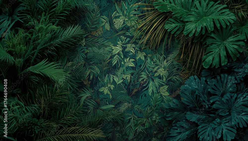 Fototapeta premium Close-up of lush dark green tropical leaves