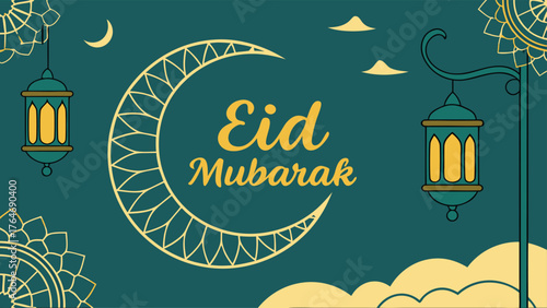 Celebrate Eid Mubarak with a stunning crescent moon, lanterns, and festive mandalas symbolizing Islamic joy and tradition