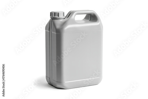 A gray plastic jerrycan with a handle and cap isolated on white background