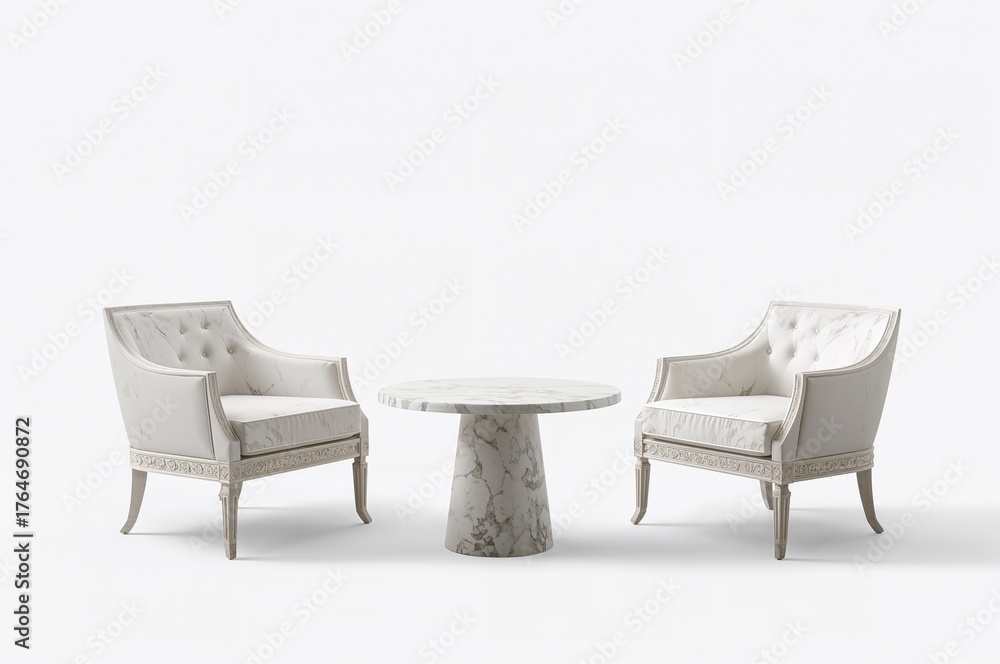 Fototapeta premium Marble tables and white chairs set against a plain white backdrop with clipping path.
