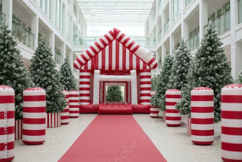 Office, christmas, party, Festive indoor scene with a candy-themed bounce house and holiday decorations.