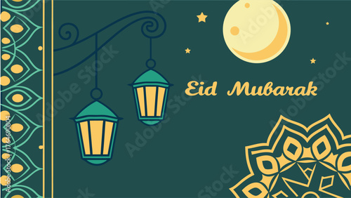 Celebrate joyous Eid Mubarak with glowing lanterns under a crescent moon and starry night sky creating a festive ambiance