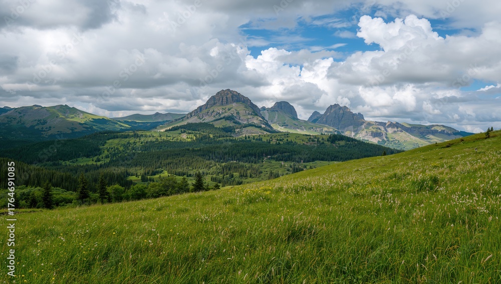 Obraz premium While trekking through the woods, we admired the breathtaking scenery featuring vibrant grassy plains, majestic mountains, and rugged summits beneath a sky filled with soft, billowy clouds creating a