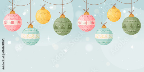 Pastel Christmas baubles background with cute hanging ornaments and gentle winter lights. Soft festive vector design.