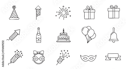 Celebration icons set for happy new year and party events