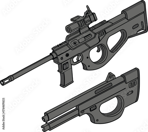 Modern tactical firearm with advanced scope and disassembled component showcasing precision engineering for defense or sport.