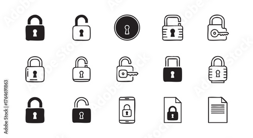 Collection of black and white lock icons depicting security and safety