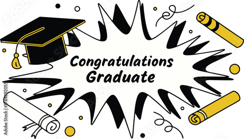 Celebrate academic achievement with a graduation cap, diplomas, and celebratory confetti for a proud graduate's special day.