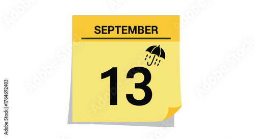 September 13th calendar icon illustrating a rainy day forecast for the specific date of the month on an isolated plain background
