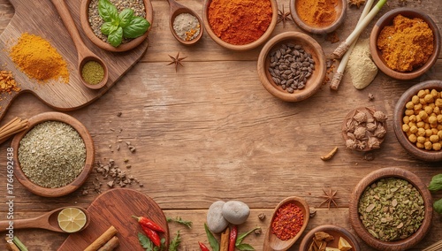 Wallpaper Mural Assortment of vibrant dried herbs and spices displayed in wooden bowls on a rustic kitchen surface. Torontodigital.ca