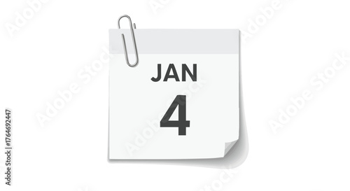Calendar page displaying January 4th, clipped with a metal binder clip against a pristine white backdrop, offering an organizing graphic element