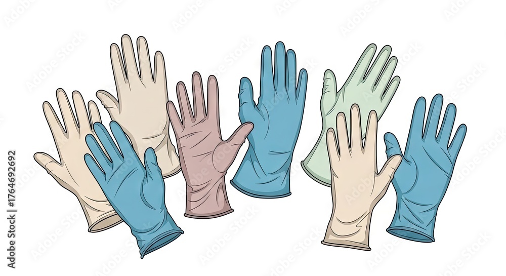 Obraz premium Arrangement of Multicolored Rubber Gloves Against White Backdrop Depicting Healthcare Medical Protection Concepts