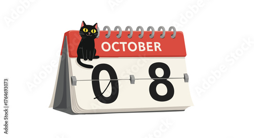 Halloween anticipation with a black cat perched on an October 8th calendar marking the spooky season countdown