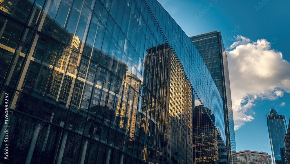 Fototapeta premium Sunlit reflective glass panes on a contemporary angular structure