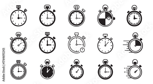 Collection of black and white stopwatch icons symbolizing time management