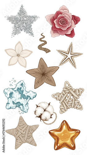 A set of stars, stars collection, star vector icons vector art of a collection of various decorative stars and a rose, including glitter, woven, and natural textures, isolated on a