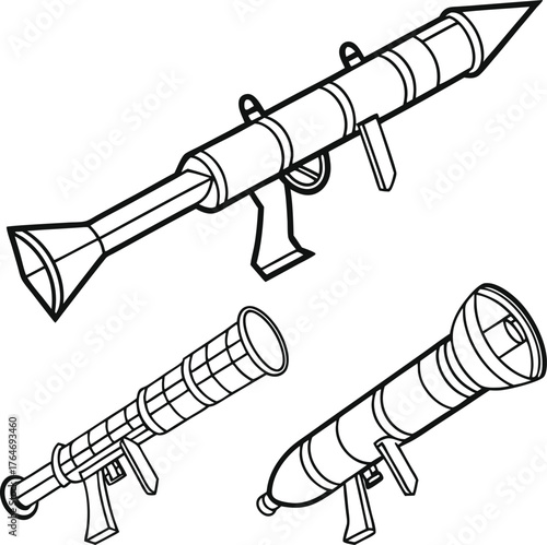 Three stylized rocket launchers and weapon system outlines for military or gaming design projects
