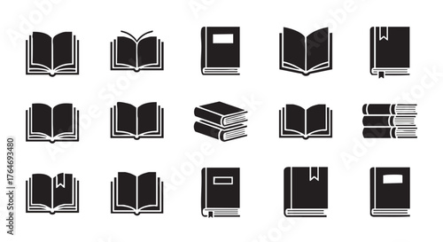 Collection of open book icons in black and white reading concept