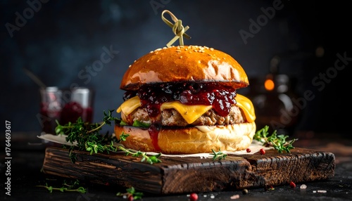 Dark elegant shot of brie‑topped burger with jam, cheese melt
