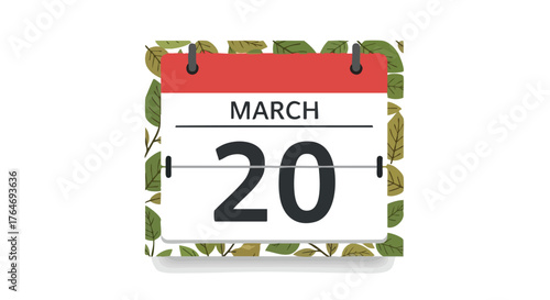 March 20th calendar illustration surrounded by green leaves signifies the spring equinox date for the arrival of the spring season and new beginnings