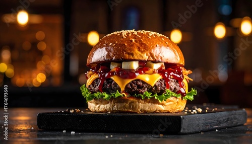 Dark elegant shot of brie‑topped burger with jam, cheese melt