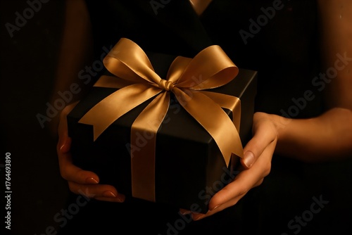 Luxury Christmas composition with female hands holding elegant black gift box tied with gold ribbon, festive dark background.