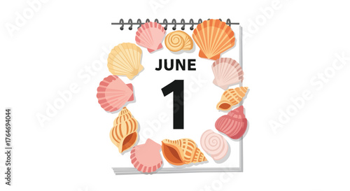 June 1st calendar page adorned with charming seashells marking the summer season onset