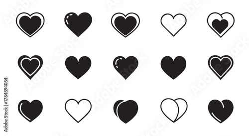 Collection of six different heart shapes in black and white colors