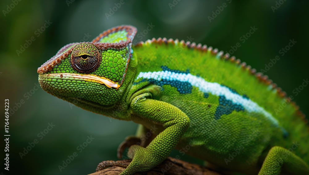 Fototapeta premium Portrait of a green veiled chameleon in its natural tropical habitat