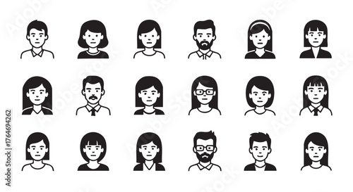 Collection of simple line drawing portraits of various people avatars