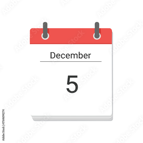 December 5th Calendar Page Depicting a Specific Date with Red Header and Simple Design