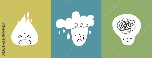 Set of unhappy sad characters with bad mood, suffering from burnout, depression, obsession. Negative psychological states and problems. Simple icon doodle style concept. Therapy, psychiatry