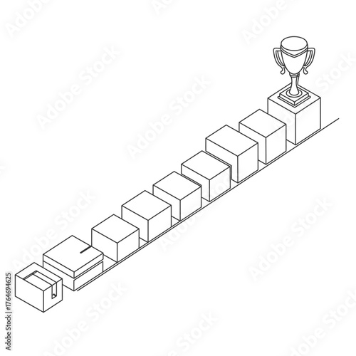 A minimalist line drawing illustrates a sequential progression of ascending blocks, culminating in a gleaming trophy, symbolizing the journey towards ultimate achievement.