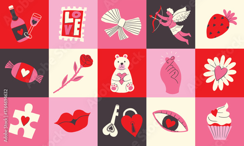Cartoon cute funny stickers for St. Valentine's Day on February 14 in retro 90s style. Romantic elements, love puzzle, hearts, love, cupid, gifts, eye, rose, sweets, flower, lips.  illustrations set.