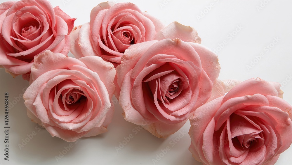 Fototapeta premium Isolated pink rose blossoms on a white backdrop. Symbolism of love for wedding invitations. Cutout design.