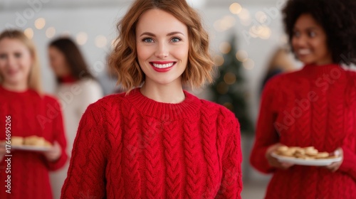 Office, christmas, party, Smiling woman in red sweater at a festive gathering with friends.