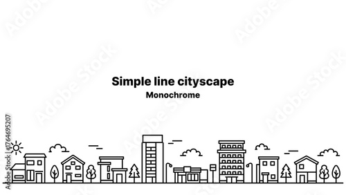 太いラインの街並みイラスト （白背景・ワイドサイズ）