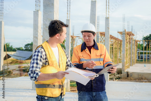 Diverse Team of Specialists Use Tablet Computer on Construction Site. Real Estate Building Project with Civil Engineer, Architect, Business Investor and General Worker Discussing Plan Details.
