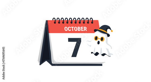 October seventh calendar with a playful ghost, marking a date close to Halloween festive season holiday event planning
