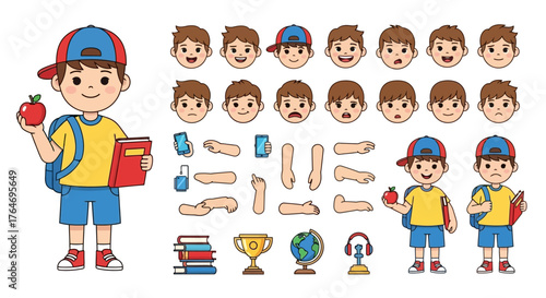 Cute Schoolboy Character Constructor with Various Emotions and Educational Items Vector Illustration. Customizable Student Avatar for School Projects and Learning Concepts