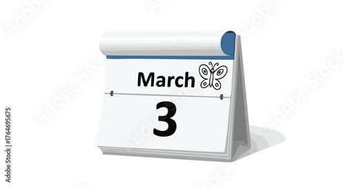 Tear-off calendar displaying the date March 3rd with a whimsical butterfly doodle symbolizing spring and new beginnings in March