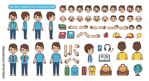 Vector illustration character creator set of a young boy in various outfits and poses, with diverse facial expressions and essential school accessories for educational design