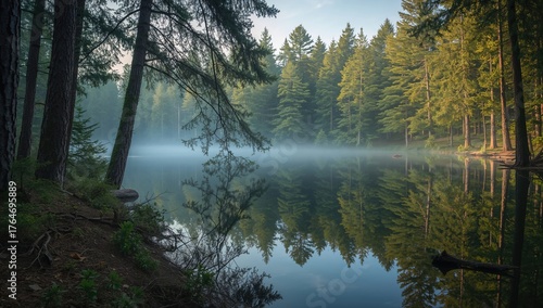 Fototapeta Naklejka Na Ścianę i Meble -  A serene scene of pine forests mirrored in a tranquil water body