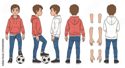 Full body character sheet illustration of a young boy in a casual red hoodie and jeans, with a soccer ball, showcasing front, side, and back views for versatile design projects