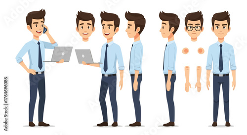Cartoon Businessman Character Poses and Body Parts Set for Animation and Design, Professional Male Employee Vector Illustration with Laptop and Phone