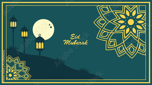 Elegant Eid Mubarak celebration with glowing lanterns, full moon, and intricate mandala designs evoking festive spirit