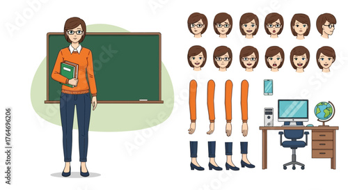 Versatile vector illustration set of a female teacher character, complete with diverse facial expressions and customizable body parts for educational content and animation projects