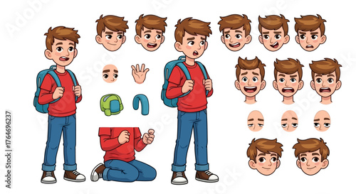 Comprehensive cartoon schoolboy character kit featuring a range of expressions, interchangeable body parts, and poses for animation and game design projects
