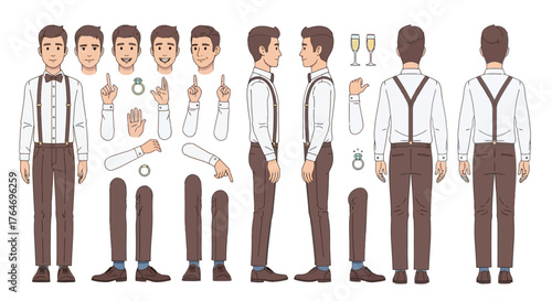 Animated Male Character Constructor Kit with Formal Attire and Various Expressions for Customization in Motion Graphics and Design Projects