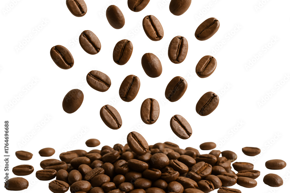 Obraz premium Falling coffee beans on a white background. Aromatic morning.